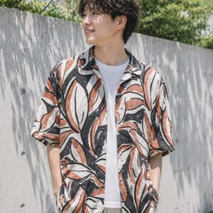【ZARA】総柄 コットン オープンカラーシャツ 紅梅色 リーフ柄 リネン調 シャリ感 リラックスフィット
