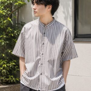 【BEAUTY&YOUTH】ストライプ バンドカラー ワイドフォルム シャツ コットン100% グレー ビューティー＆ユース