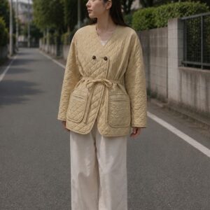 【CLANE】キルティングノーカラージャケット イエロー ベージュ 1