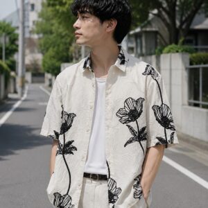 【ZARA】コントラストフラワー刺繍 ジャカード半袖シャツ オーバーサイズ オフホワイト×ブラック