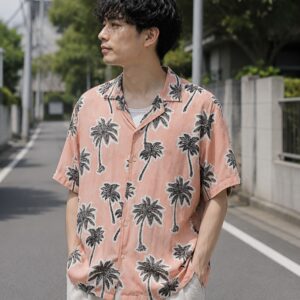 【ZARA】総柄 レーヨン アロハシャツ サーモンピンク パームツリー 開襟シャツ リラックスフィット
