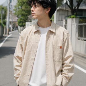 【UNIVERSAL OVERALL】フリークスストア別注 ストライプワークシャツ ベージュ Lサイズ ボックスシルエット