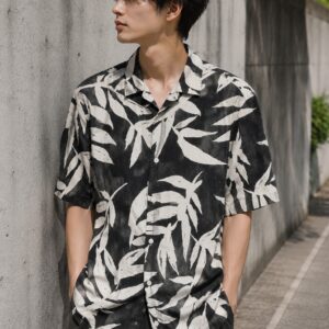 【ZARA】リネンコットン 総柄シャツ リーフ柄 L ブラック ポルトガル製