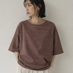 【6（ROKU）】コットンナイロンシアーボーダーTシャツ ブラウン 日本製